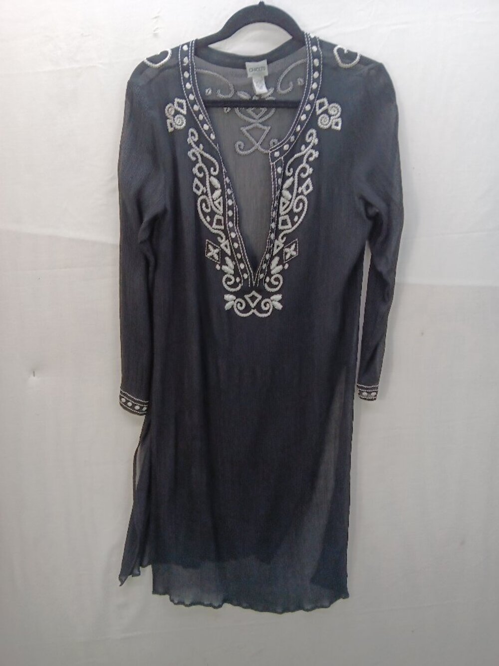 Chico's Women's Gray Embroidered Boho Tunic Top Long Sleeve Sheer Size: 2